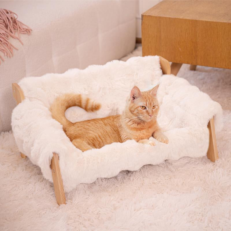 Elevated Pet Couch Bed, Wooden Cat and Small Dog Sofa, Removable Washable Fluffy Cover Raised, Kitty Lounge Chair Suitable for Puppy for Indoor