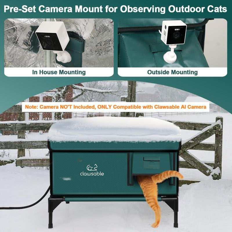 Clawsable Indestructible Heated Cat House for Outdoor Winter, 100% Waterproof, Safe Escape Door, Fully Insulated Outdoor Cat Shelter with Heater for Feral Barn Cats and Kittens