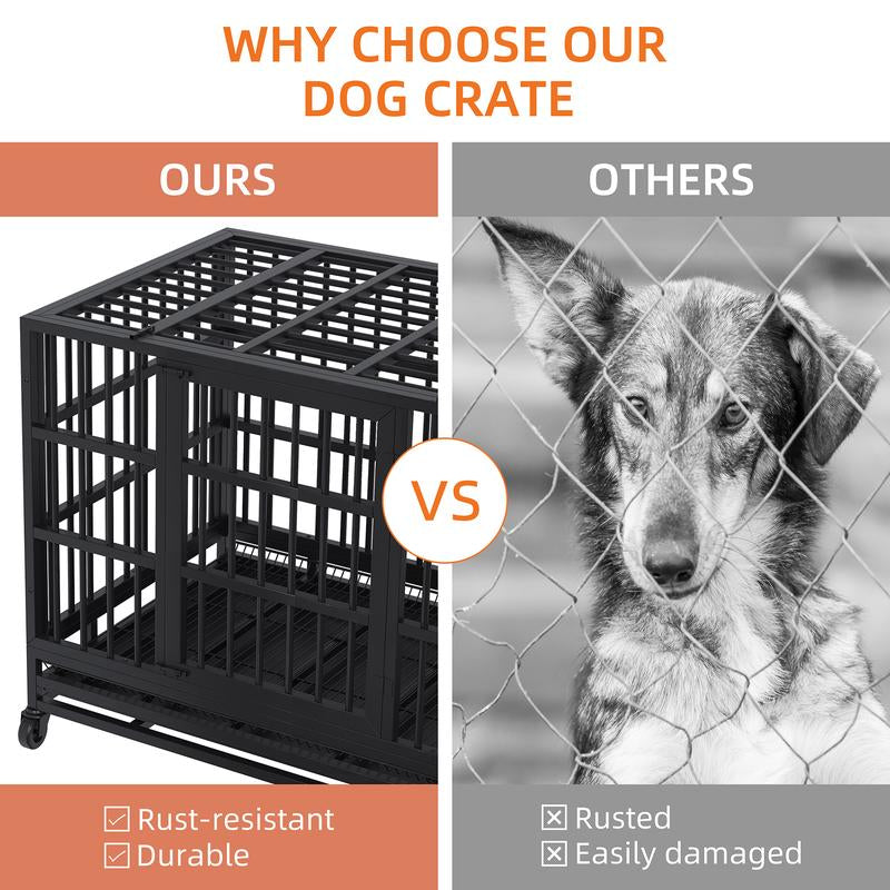 Walsunny 37/47 Inch Heavy Duty Steel Dog Crate for Large Dogs with Lockable Wheels and Double Door Design, Escape Proof, Indestructible, Black