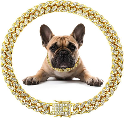 Dog Chain Diamond Collar Walking Metal Chain Necklace with Secure Buckle Pet Cuban Style Collar Jewelry Accessories for Small Medium Large Dog Cats