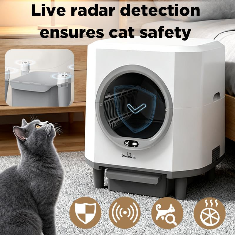 Dreamcat Smart Self-Cleaning Enclosed Cat Litter Box with APP Control, Odor-Free, Moisture-Proof, Large Capacity, Automatic Cleaning, Ultra-Quiet Operation, Easy to Install & Wash, Includes Trash Bag, Deodorant Box, Floating Hair Brush High Privacy