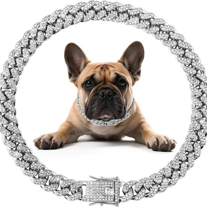 Dog Chain Diamond Collar Walking Metal Chain Necklace with Secure Buckle Pet Cuban Style Collar Jewelry Accessories for Small Medium Large Dog Cats