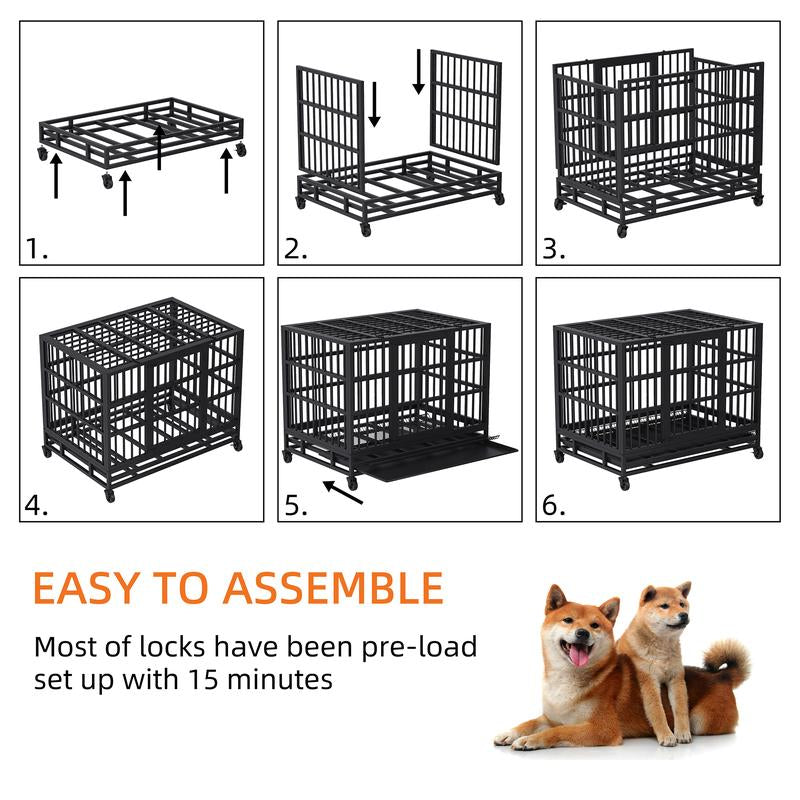 Walsunny 37/47 Inch Heavy Duty Steel Dog Crate for Large Dogs with Lockable Wheels and Double Door Design, Escape Proof, Indestructible, Black