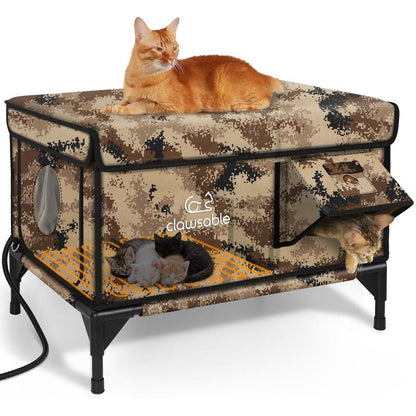 Clawsable Indestructible Heated Cat House for Outdoor Winter, 100% Waterproof, Safe Escape Door, Fully Insulated Outdoor Cat Shelter with Heater for Feral Barn Cats and Kittens