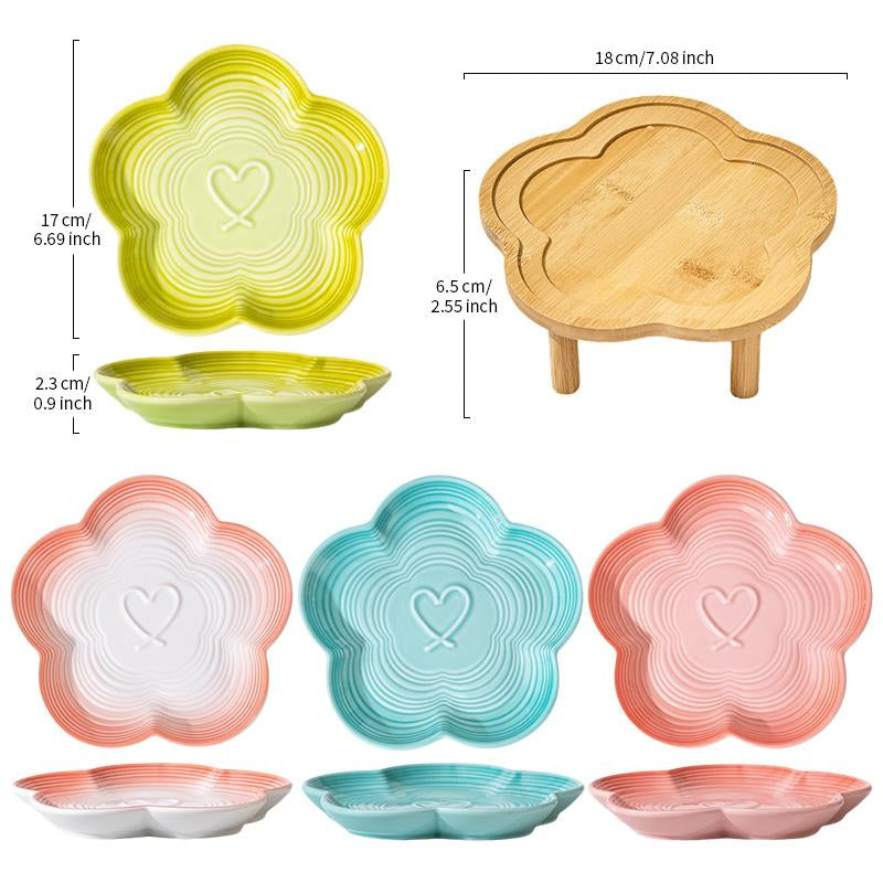 Shallow Elevated Cat Bowl, 6.6 Inch Wide Raised Ceramic Cat Dish with Bamboo Stand, Whisker Friendly Pet Water or Food Plate Feeding Station for Indoor Cats, Kittens