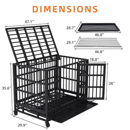 Walsunny 37/47 Inch Heavy Duty Steel Dog Crate for Large Dogs with Lockable Wheels and Double Door Design, Escape Proof, Indestructible, Black