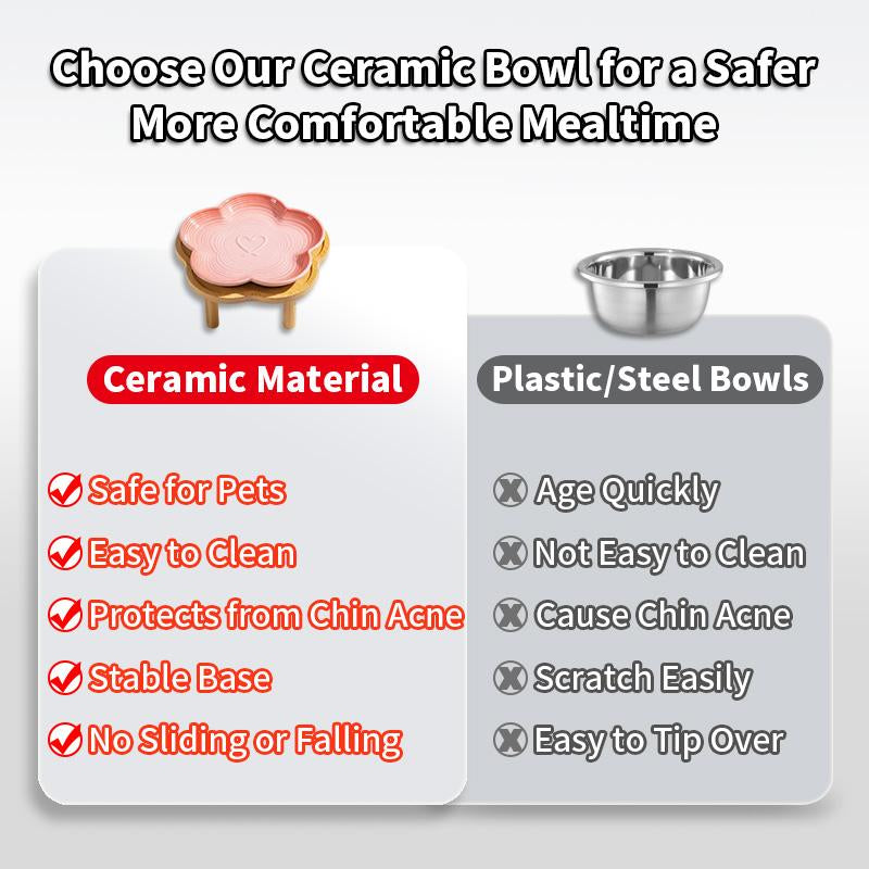 Shallow Elevated Cat Bowl, 6.6 Inch Wide Raised Ceramic Cat Dish with Bamboo Stand, Whisker Friendly Pet Water or Food Plate Feeding Station for Indoor Cats, Kittens