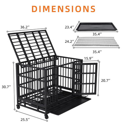 Walsunny 37/47 Inch Heavy Duty Steel Dog Crate for Large Dogs with Lockable Wheels and Double Door Design, Escape Proof, Indestructible, Black