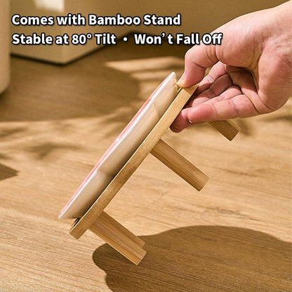 Shallow Elevated Cat Bowl, 6.6 Inch Wide Raised Ceramic Cat Dish with Bamboo Stand, Whisker Friendly Pet Water or Food Plate Feeding Station for Indoor Cats, Kittens