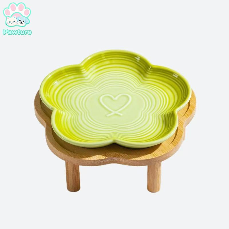 Shallow Elevated Cat Bowl, 6.6 Inch Wide Raised Ceramic Cat Dish with Bamboo Stand, Whisker Friendly Pet Water or Food Plate Feeding Station for Indoor Cats, Kittens