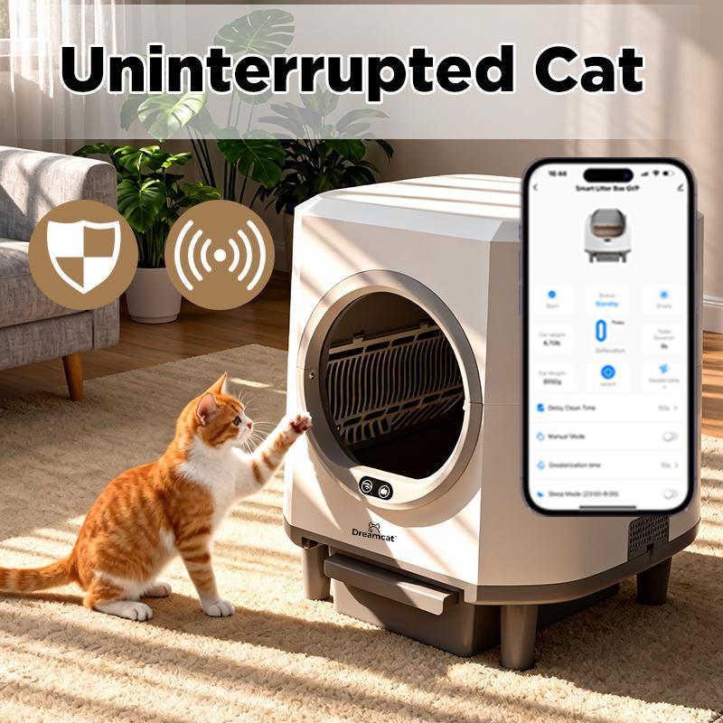 Dreamcat Smart Self-Cleaning Enclosed Cat Litter Box with APP Control, Odor-Free, Moisture-Proof, Large Capacity, Automatic Cleaning, Ultra-Quiet Operation, Easy to Install & Wash, Includes Trash Bag, Deodorant Box, Floating Hair Brush High Privacy