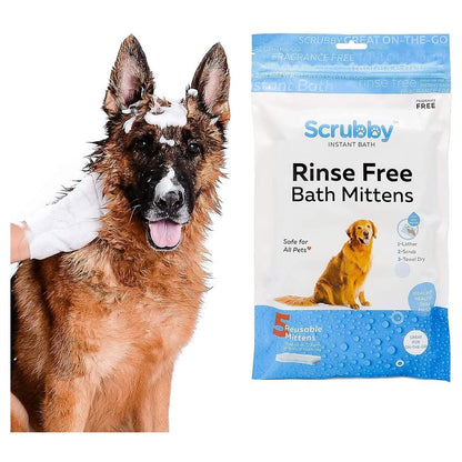 Rinse Free Shampoo Mittens for Dogs, Bath Wipes for Bathing and Washing Pets, Hypoallergenic No Rinse Wash Mitt for Grooming, Lather Wipe Dry - 5 Pack